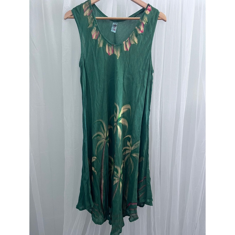 India‎ Boutique Green Palm Tree Hand Painted Rayon Sleeveless Dress Free Size
